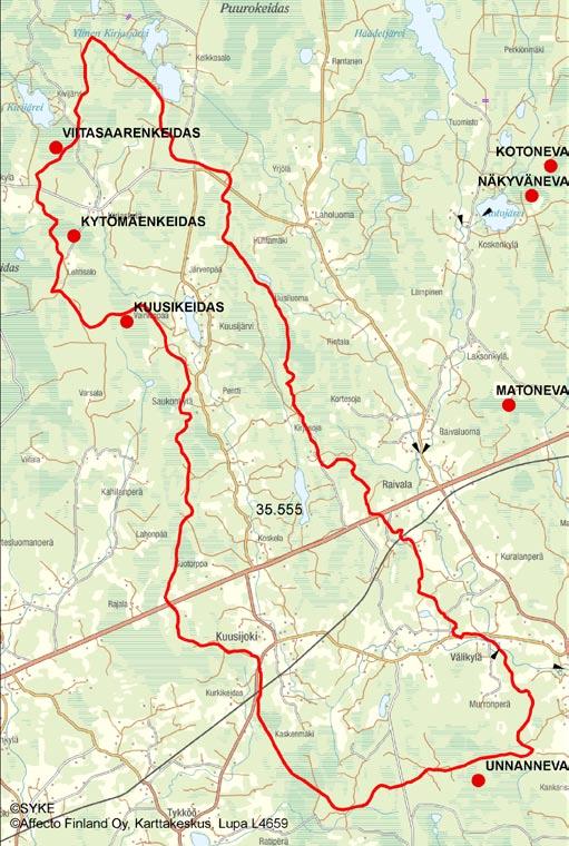 4.3.4.4 Kuusijoen va 35.555 Kytömäenkeidas (Ylinen-Kuusijärvi) Purkuvesistö ja sen tila Kytömäenkeidas (55 ha) purkautuu Ylinen-Kuusijärveen (24 ha). Järveä ei ole luokiteltu.