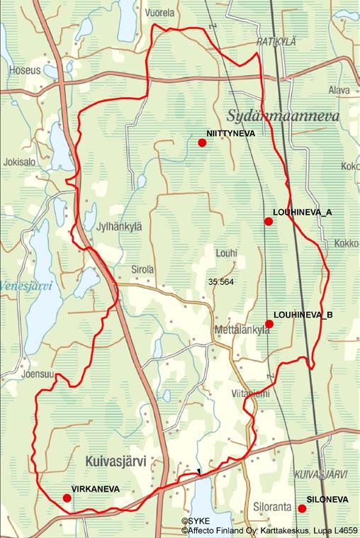 4.3.5.3 Vääräjoen va 35.564 Louhineva_A (Kuivasjärvi) Louhineva_B (Kuivasjjärvi) Virkaneva (Kuivasjärvi) Niittyneva (Kuivasjärvi) Purkuvesistö ja sen tila Kaikki valuma-alueen 35.