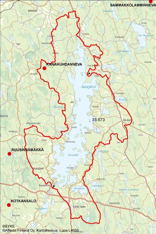 4.3.6.2 Aurejärven a 35.573 Kanahuhdanneva (Aurejärvi) Purkuvesistö ja sen tila Kanahuhdanneva (28 ha) sijaitsee kahdella valuma-alueella. Suon länsiosa sijaitsee valuma-alueella 35.