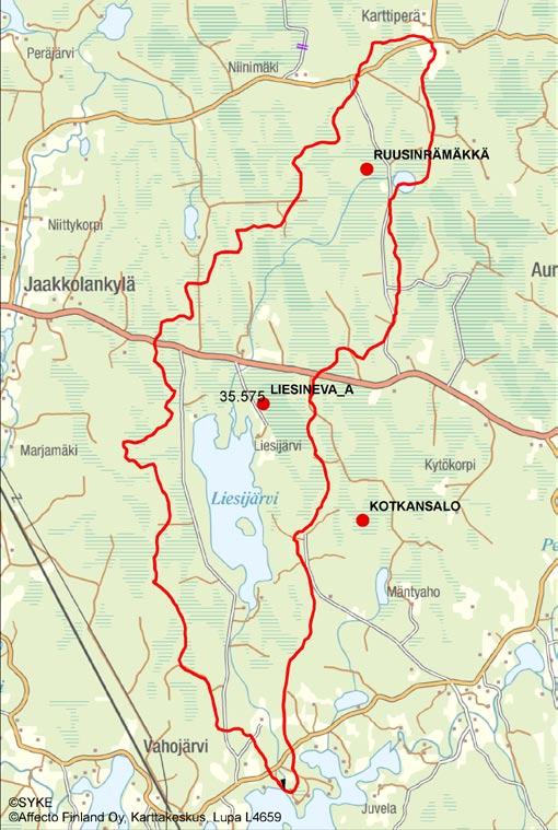 4.3.6.3 Liesijärven va 35.575 Liesineva_A (Liesijärvi) Ruusinrämäkkä (Liesijärvi) Purkuvesistö ja sen tila Liesineva_A:n (36 ha) ja Ruusinrämäkän (29 ha) vedet purkautuvat Liesijärveen (MRh).
