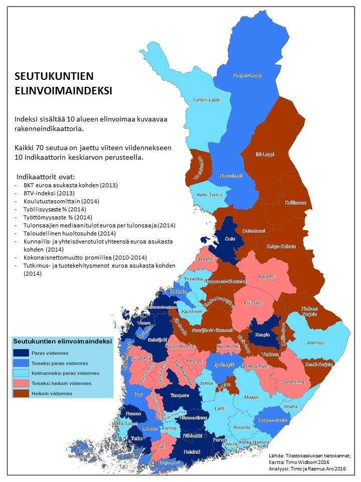 9 Kuva 4. Seutukuntien elinvoimaindeksi (Aro & Aro 2016).