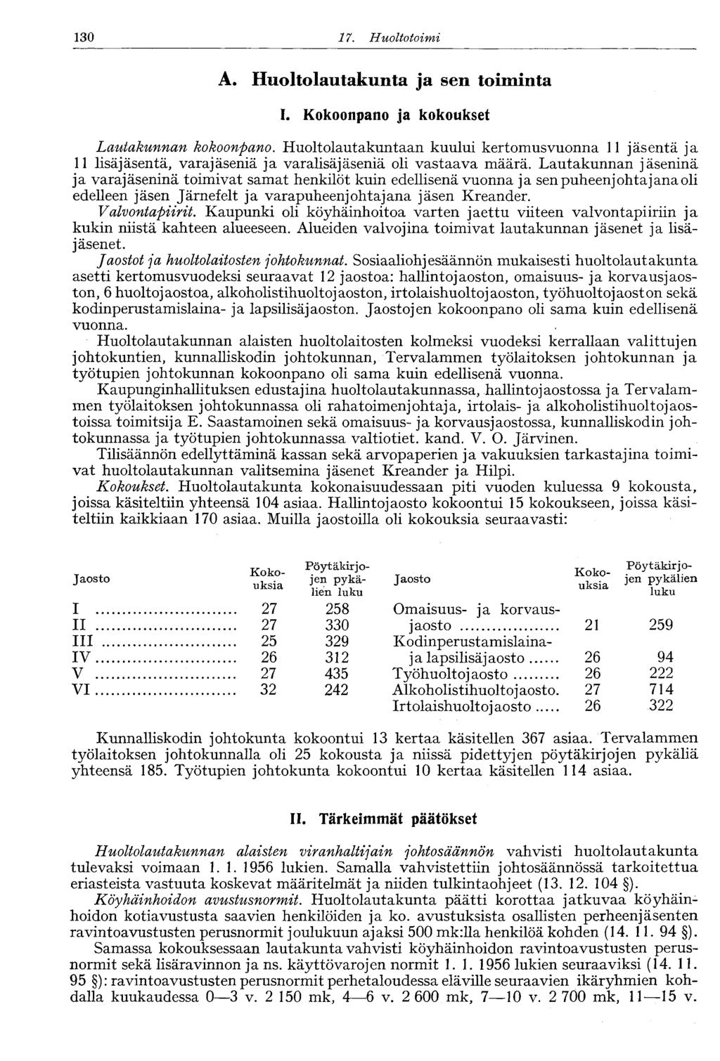 130 17. Huoltotoimi A. Huoltolautakunta ja sen toiminta I. Kokoonpano ja kokoukset Lautakunnan kokoonpano.