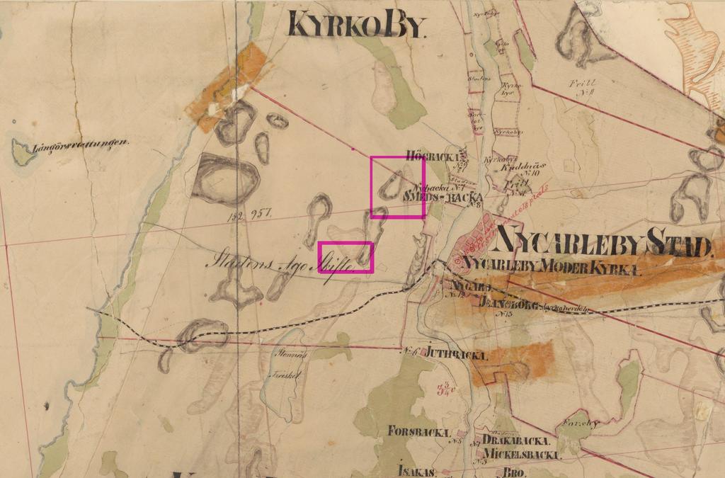 3 asutusta eikä kartalta paikannu alueille mitään potentiaalisia muinaisjäännöksiä. Ote pitäjänkartasta 1840-l.