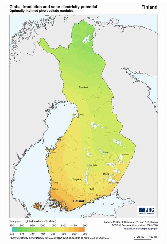 KUVA 12. Vuotuinen auringon säteily optimaalisesti suunnatuille pinnoille Suomessa 4.7.1 Nykykäyttö Tällä hetkellä aurinkoenergiaa hyödynnetään Jyväskylässä lähinnä aurinkosähkönä.