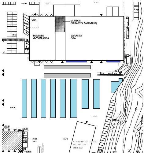 43 Kuvio 16. Ulkovaraston layout. Varastorakennuksen seinustalle rakennetaan kaksi ulokehyllyä, joiden oksien pituudet ja etäisyydet sovitetaan niihin tuleville tuotteille.