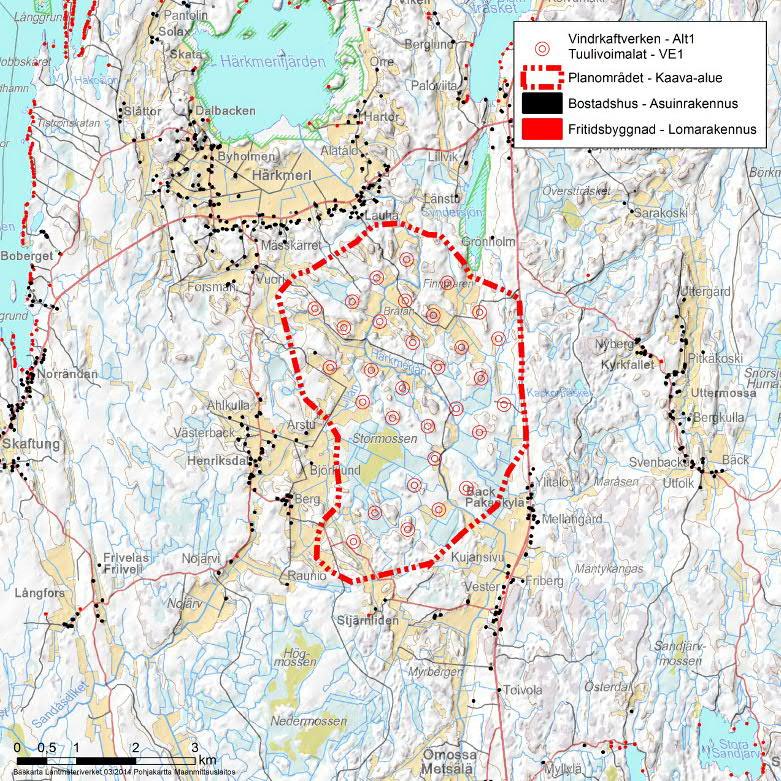 35 / 71 Lähimpiin asuttuihin rakennuksiin on etäisyyttä lähimmistä tuulivoimaloista kummassakin hankevaihtoehdossa vähintään 1 km.