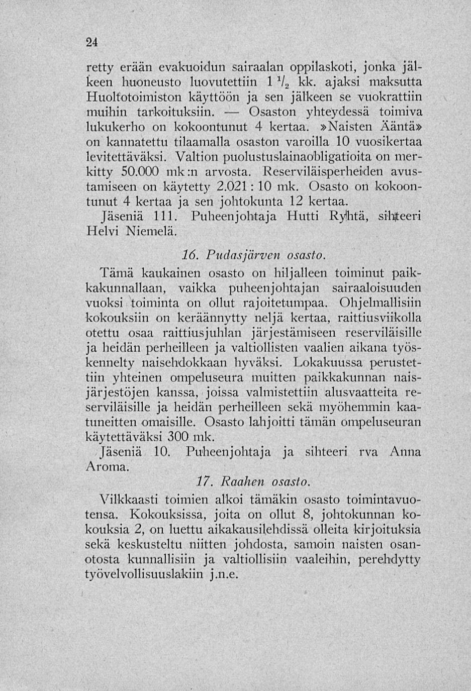 Osaston retty erään evakuoidun sairaalan oppilaskoti, jonka jälkeen huoneusto luovutettiin 1 1 / 2 kk. ajaksi maksutta Huoltotoimiston käyttöön ja sen jälkeen se vuokrattiin muihin tarkoituksiin.