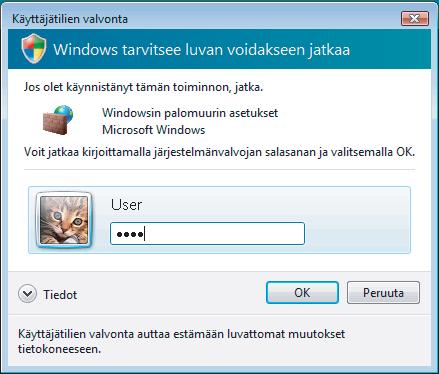 2 Kun näyttöön ilmestyy Käyttäjätilien valvonta -ikkuna, toimi seuraavasti. Jos olet kirjautunut sisään järjestelmänvalvojana, napsauta Jatka.