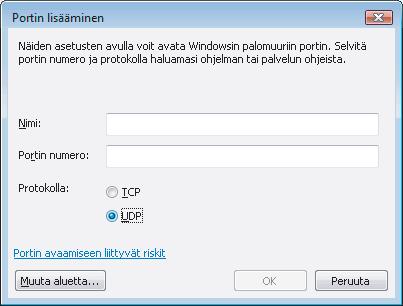 7 Napsauta Lisää portti... -painiketta. 8 Kun haluat lisätä portin 54926 PC-Faxverkkotoiminnolle, anna seuraavat tiedot: 1.
