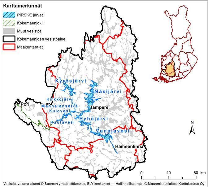 2 Vesistöalueen ja säännöstelyjen kuvaus 2.1 Yleiskuvaus Kokemäenjoen vesistöalueen säännöstelystä Kokemäenjoen vesistöalueen pinta-ala on 27 046 km 2 ja järvisyys 11 %.