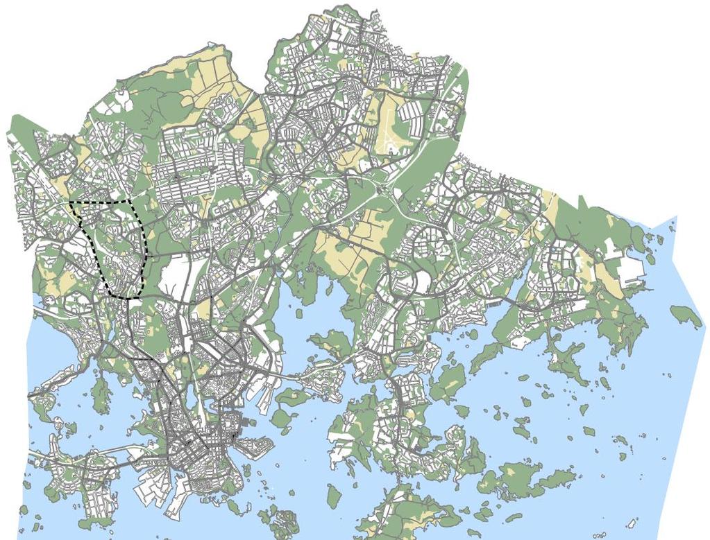 Suunnittelualueen sijainti Helsingissä Suunnittelualue Kaupungin viherrakenteessa Haaga sijoittuu Keskuspuiston ja toisen keskuspuistomaisen vihersormen, Länsipuiston, väliin.