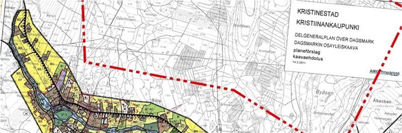 Kuva 27. Ote Dagsmarkin osayleiskaavasta (14.3.2011). Hankealueen rajaus on lisätty kartalle punaisella katkoviivalla. Hankealueen eteläpuolella Dagsmarkin taajamassa on hyväksytty osayleiskaava.