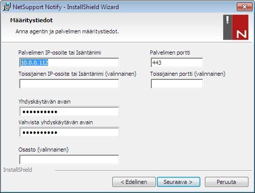 Määritystietojen asetukset Jos olet valinnut joko ilmoitusagentin, -konsolin tai - palvelimen asennuksen, sinun pitää antaa seuraavat tiedot: Palvelimen IP-osoite tai isäntänimi Syötä