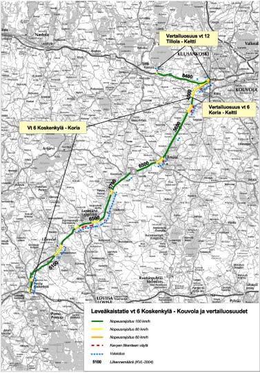 12 Leveäkaistatie talvella LEVEÄKAISTATIE VALTATIELLÄ 6 VÄLILLÄ KOSKENKYLÄ - KOUVOLA Tien ominaisuudet Kuvassa 2-4 on esitetty tutkimusosuuden valtatie 6 Koskenkylä - Koria sekä vertailuosuuksien