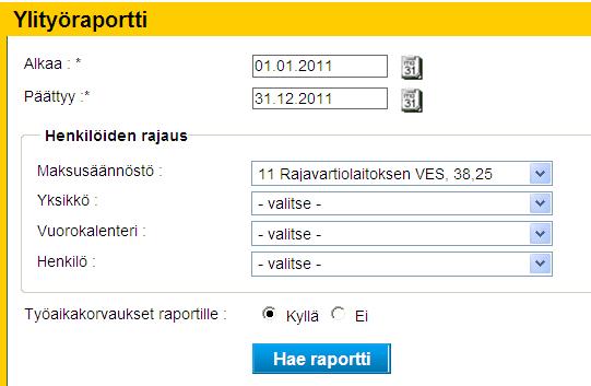 Ylityöraportti Yritys/Raportit/Ylityöraportti - Raportille summataan henkilöiden lisätyöt, ylityöt ja ylityön aikana tehdyt