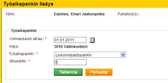 työaikapankki alasvetovalikosta ja saldoksi merkitään nolla (0), jos pankissa ei ole