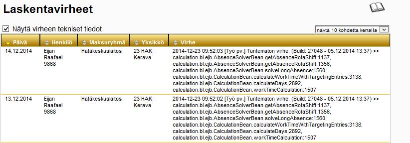 Laskentavirheet Laskentavirheet Laskentavirheet Listalla näkyy henkilöt, joiden työajanlaskennassa on ristiriita ja järjestelmä ei pysty laskemaan henkilön työaikaa.