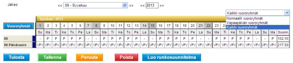 Ryhmäkohtainen suunnittelu Runkosuunnitelma jatkuu Suunn. -kentässä näytetään suunnitellut tunnit yhteensä.