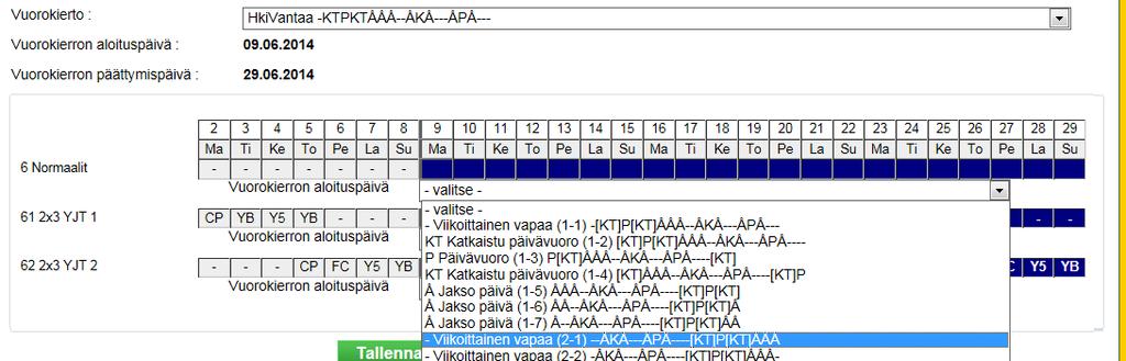 Ryhmäkohtainen suunnittelu Runkosuunnitelma jaksotyössä jatkuu Vuorokierron aloituspäivä valitaan alasvetovalikosta.