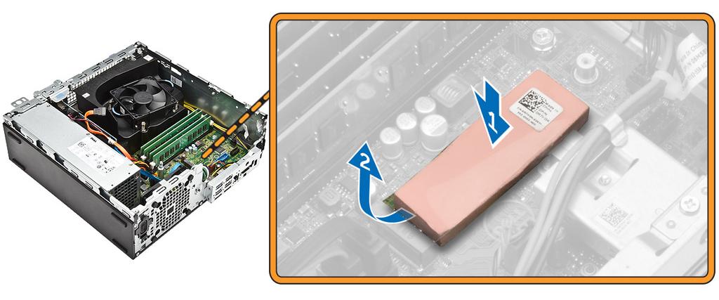 5. SSD-kortin asentaminen: a. Kytke SSD-kortti emolevyn liitäntään [1]. b.