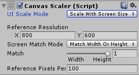 Säädin CanvasScaler-scriptin kuvan 19 mukaisesti, muuttamaan elementtien koon näytön koon mukaan eli valinnalla Scale With Screen Size. Kuva 19. Canvas Scaler -scriptin asetukset.