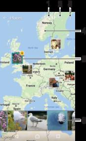 1 Geotunnistella merkittyjen valokuvien näyttäminen maapallonäkymässä 2 Paikan haku kartalta 3 Näytä valikkovaihtoehdot 4 Lähennä kaksoisnapauttamalla. Loitonna nipistämällä.