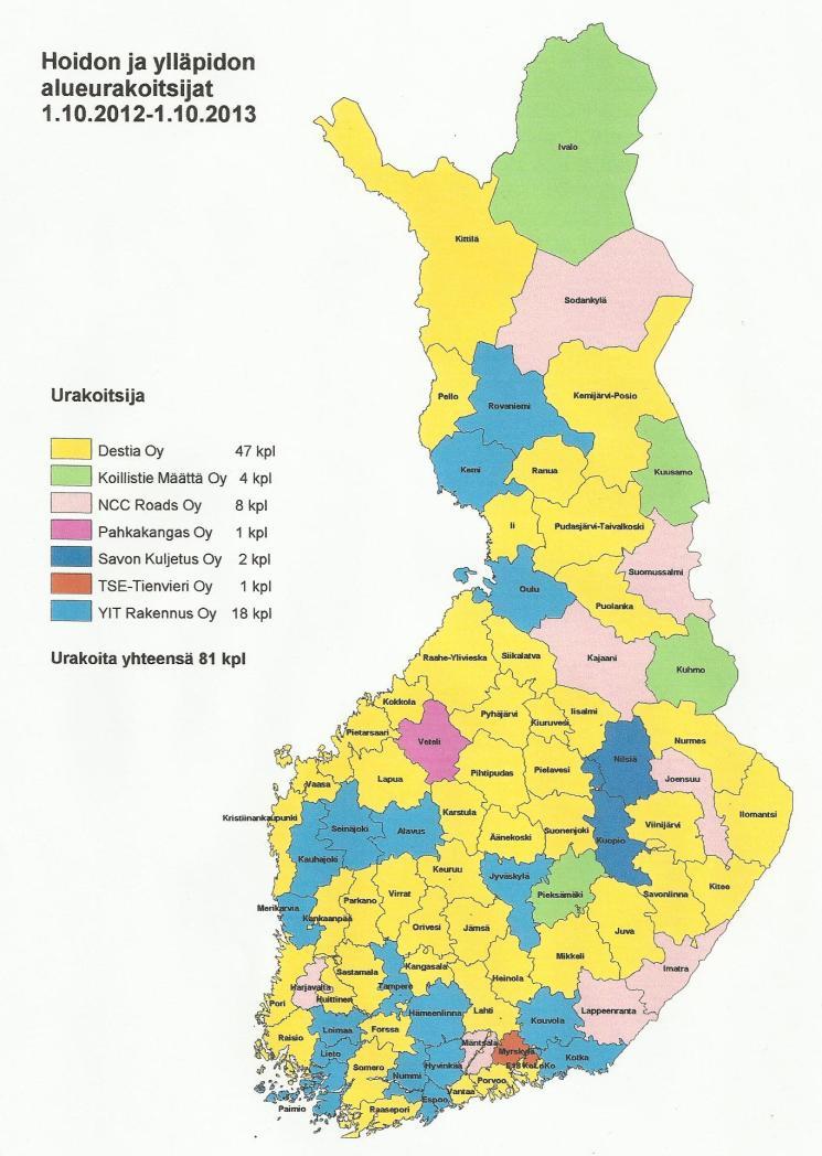 4 Kuvio 1. Teiden hoidon ja ylläpidon alueurakoitsijat ja alueet 1.10.20