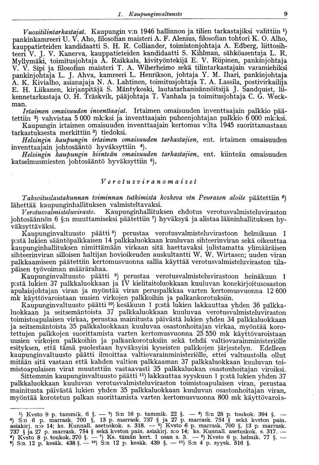 1. Kaupungi nvaltuusto 9 Vuositilintar kastajat. Kaupungin v:n 1946 hallinnon ja tilien tarkastajiksi valittiin pankinkamreeri U. V. Aho, filosofian maisteri A. F. Alenius, filosofian tohtori K. O.