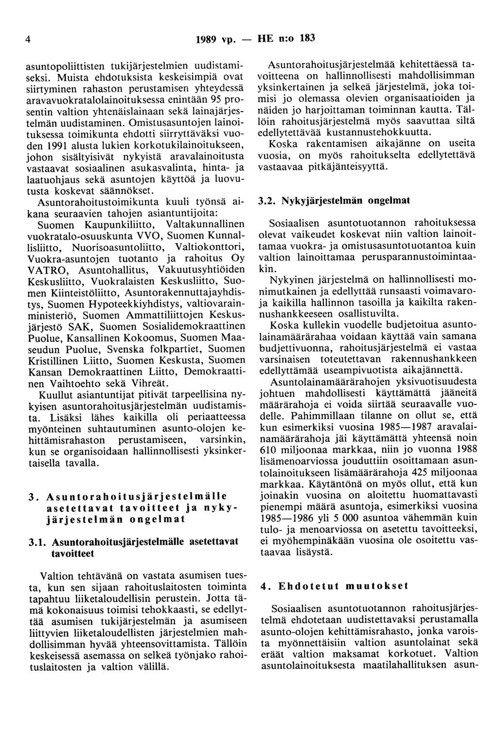 4 1989 vp. - HE n:o 183 asuntopoliittisten tukijärjestelmien uudistamiseksi.