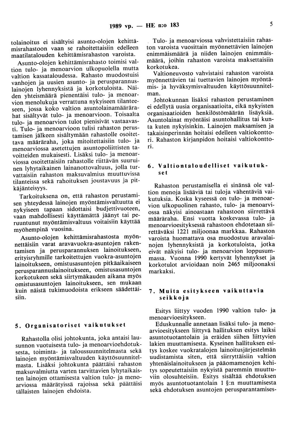 1989 vp. - HE n:o 183 5 tolainoitus ei sisältyisi asunto-olojen kehittämisrahastoon vaan se rahoitettaisiin edelleen maatilatalouden kehittämisrahaston varoista.