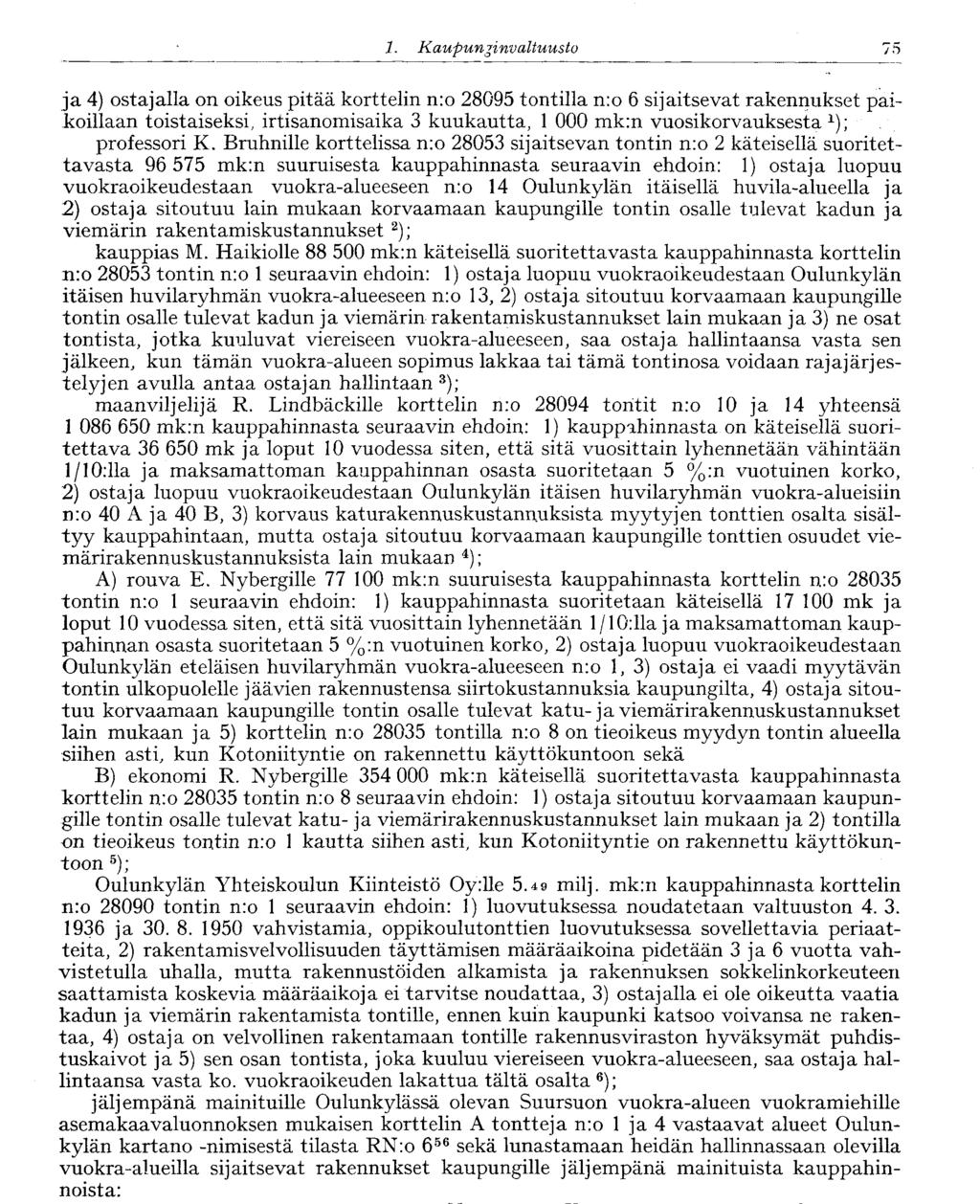 1. Kaupunginvaltuusto 75 ja 4) ostajalla on oikeus pitää korttelin n:o 28095 tontilla n:o 6 sijaitsevat rakennukset paikoillaan toistaiseksi, irtisanomisaika 3 kuukautta, 1 000 mk:n vuosikorjauksesta