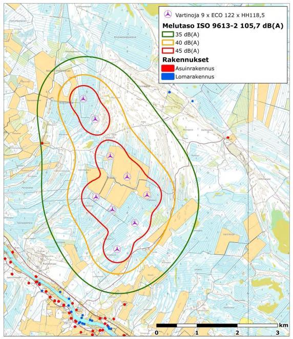Selvityksen mukaan tuulivoimatuotantoalueen länsipuolelle sijoittuu yksi asuinrakennus, jonka piha-alueella voimaloiden aiheuttaman melu arvioitiin ylittävän 35 db tason