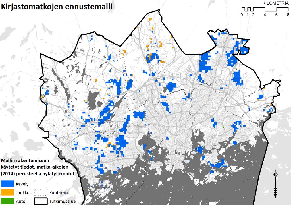 Ennustemallien kalibrointia varten tilastoruuduista valittiin ne, joiden väkiluku oli yhtä suuri tai suurempi kuin 25 asukasta (kuva 20).
