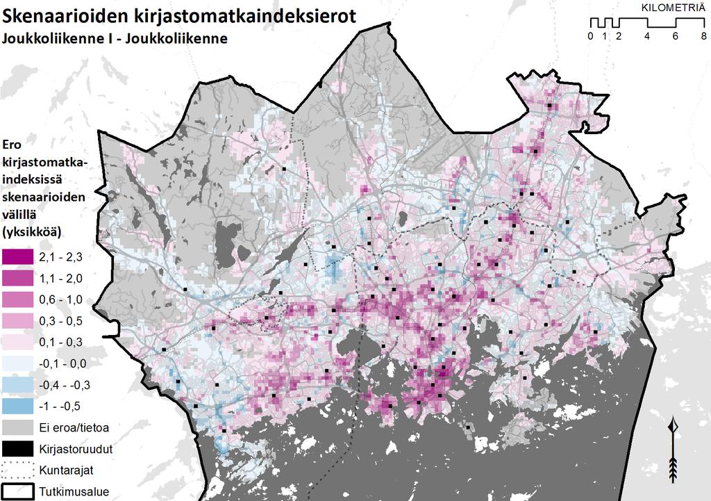 Kuva 43. Joukkoliikenteen kirjastomatkojen ennustemallilla lasketun kirjastomatkaindeksin alueellinen jakautuminen nykytilanteessa. Kuva 44.