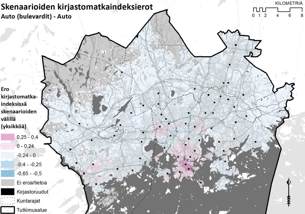Kuva 46. Autoliikenteen kirjastomatkojen ennustemallilla lasketun kirjastomatkaindeksin alueellinen jakautuminen nykytilanteessa. Kuva 47.