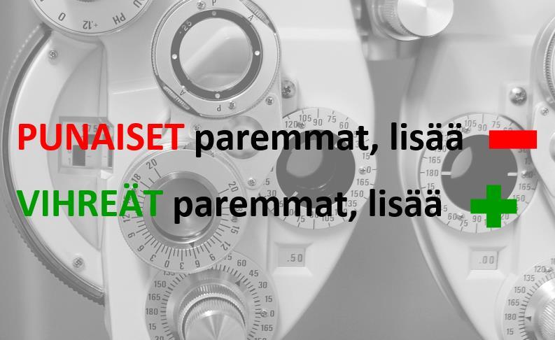 36(45) Kun kaikki kuvion neljä numeroa näkyvät yhtä hyvinä, lisätään molempien silmien eteen samanaikaisesti lisää miinusvoimakkuutta (tai vähemmän plusvoimakkuutta).