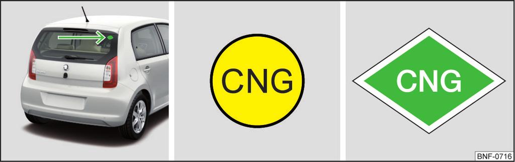 CNG Kuva 136 CNG-tarran sijainti / CNG-tarra Lue ja huomioi ensin ja sivulla 110 G-TEC-ajoneuvoon voidaan tankata CNG:tä ja bensiiniä. CNG-tarran sijainti maakaasuautoissa» Kuva 136.