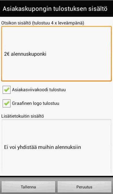 tulostuu ja valinta viivakoodin, graafisen logon, voimassaoloajan sekä e-zine kyselyn tulostukselle.