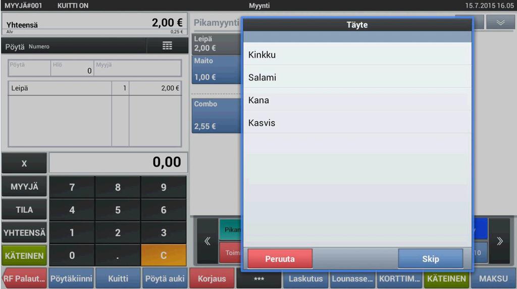 VALIKOT Kun valikko tuote näppäintä painaa myynti tilassa aukeaa näytölle lista tuotteista jotka valikkoon on valittu Luo tuote johon valikko linkitetään (katso Perusohje s.