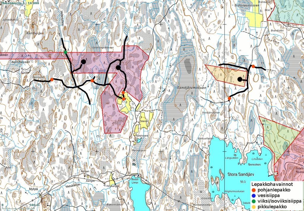 Kuva 6. Karttakuva 6: kuljetut reitit (musta viiva) ja havaitut lajit suhteessa suunniteltujen voimaloiden paikkoihin (mustat pallot). Kaikkien kartoituskertojen havainnot on yhdistetty.