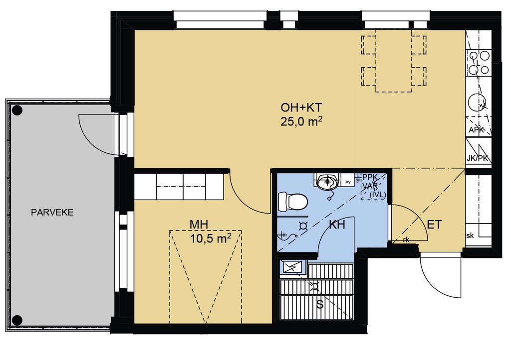 2h+kt+s+pa 47,5 m 2 Rakennuttaja pidättää oikeuden muutoksiin. Huoneistopohjat eivät ole mittakaavassa.