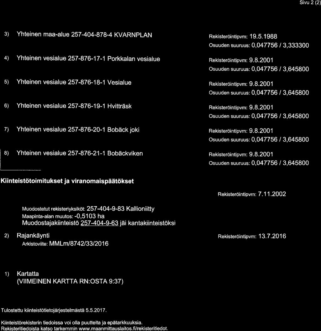 6) Yhteinen vesialue 257-876-19-1 Hvittrtisk 7) Yhteinen vesialue 257-876-20-1 Bobtick joki i al Yhteinenvesialue 257-876-21-1 BobEickvi ken l Kii nteistdtoim itukset ja viranomaispiititdkset