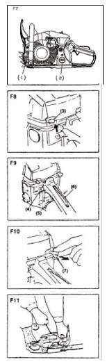 7. MOOTTORIN KÄYTTÖ MOOTTORIN KÄYNNISTYS Täytä polttoainetta ja teräketjuöljyä ja kiristä korkit kunnolla.(f7) 2. Aseta kytkin asentoon I. (F8) 3. Pidä kaasuvipua ja sen lukitusvipua painettuna.