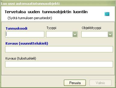 Lisää Tunnusobjekti: 1. Valitse puussa jokin automaatioprojektin alikansio (yleensä Tunnukset kansion alla oleva Toimintaryhmäkansio). 2. Valitse Automaatiomenusta toiminto Lisää tunnusobjekti. 3.