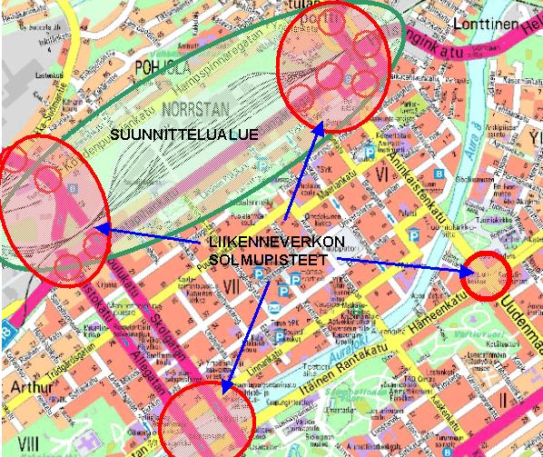 12 Kuva 7: Keskustan liikenneverkon solmupisteet Aninkaistensilta ja Aninkaistenkatu ovat merkittäviä joukkoliikenneväyliä.