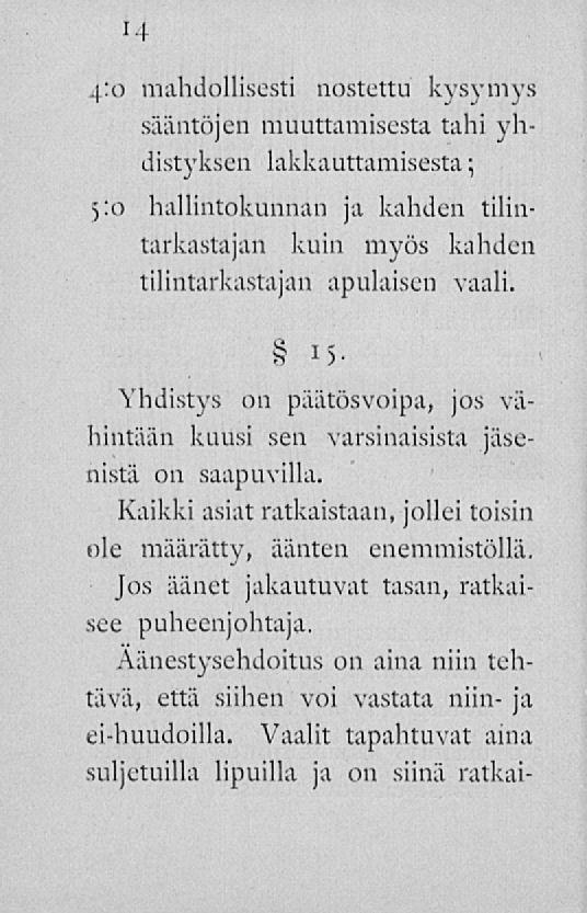 1 1 4:0 mahdollisesti nostettu kysymys sääntöjen muuttamisesta tahi yhdistyksen lakkauttamisesta; 5:0 hallintokunnan ja kahden tilintarkastajan kuin myös kahden tilintarkastajan apulaisen vaali.