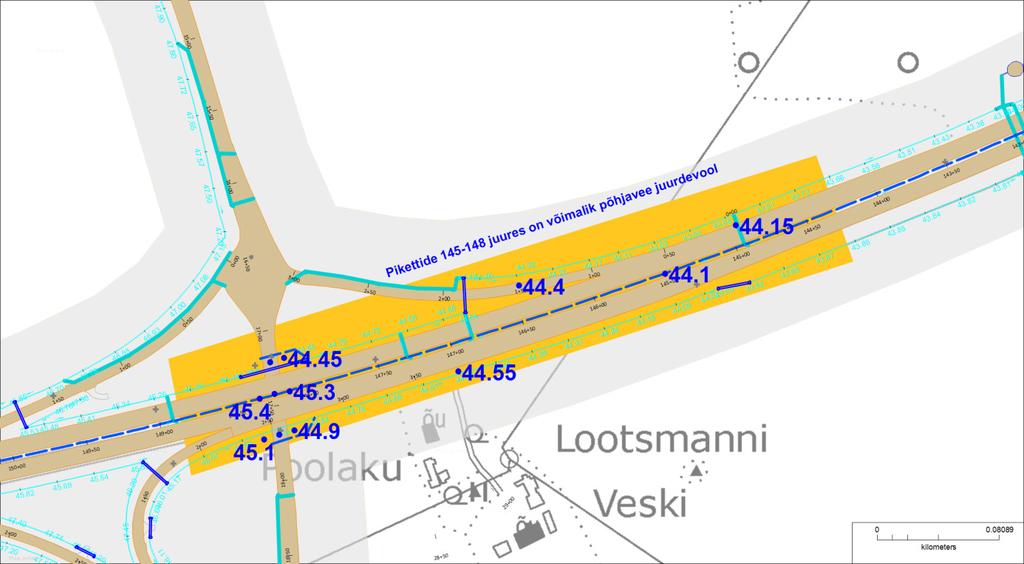 Põhjavee juurdevool teekraavidesse on võimalik ringtee trassi pikettide 135-138 ja 145-148 vahemikus (skeem 1 ja 2).