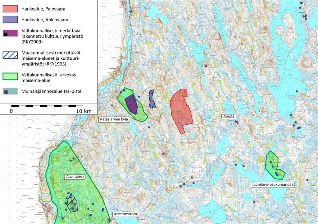 HANKEALUEEN NYKYTILA wpd Finland Oy Kuva 8.4 Hankealueiden lähiympäristöön sijoittuvat maisemallisesti ja kulttuurihistoriallisesti merkittävät kohteet. 8.2.