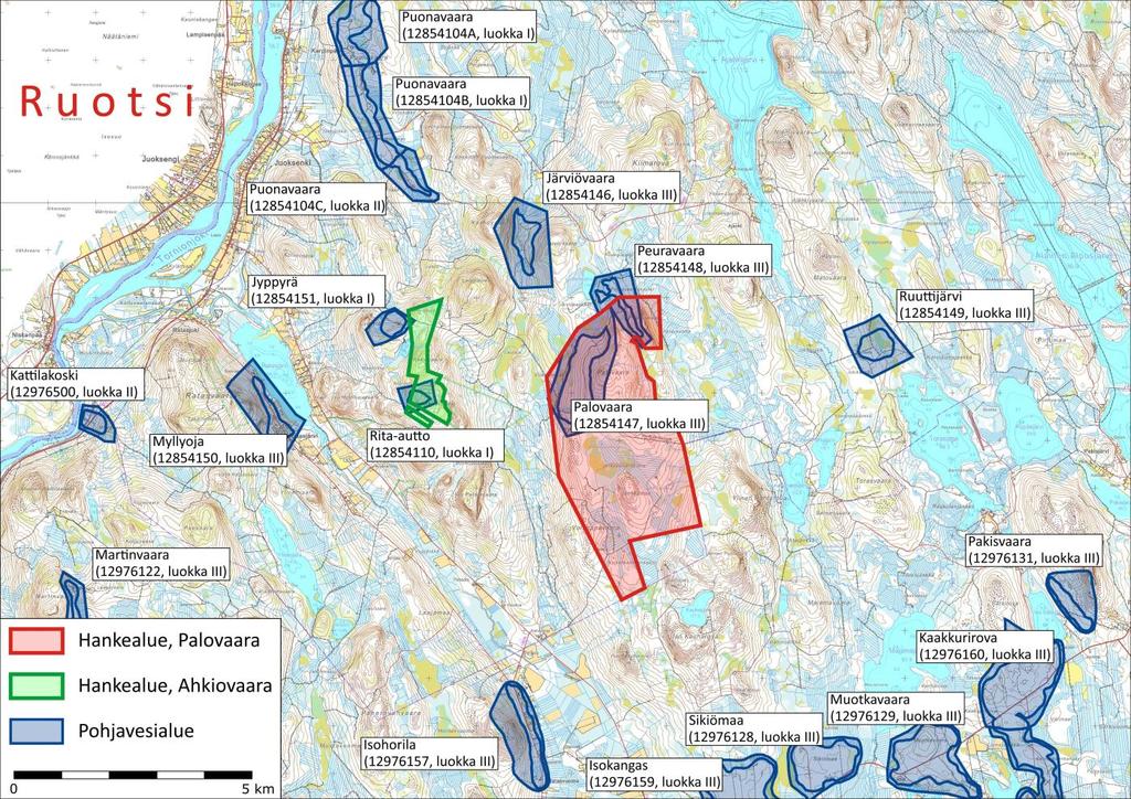 HANKEALUEEN NYKYTILA wpd Finland Oy Kuva 8.9. Hankealuetta lähimmät luokitellut pohjavesialueet (Oiva 2013). Taulukko 8-4.