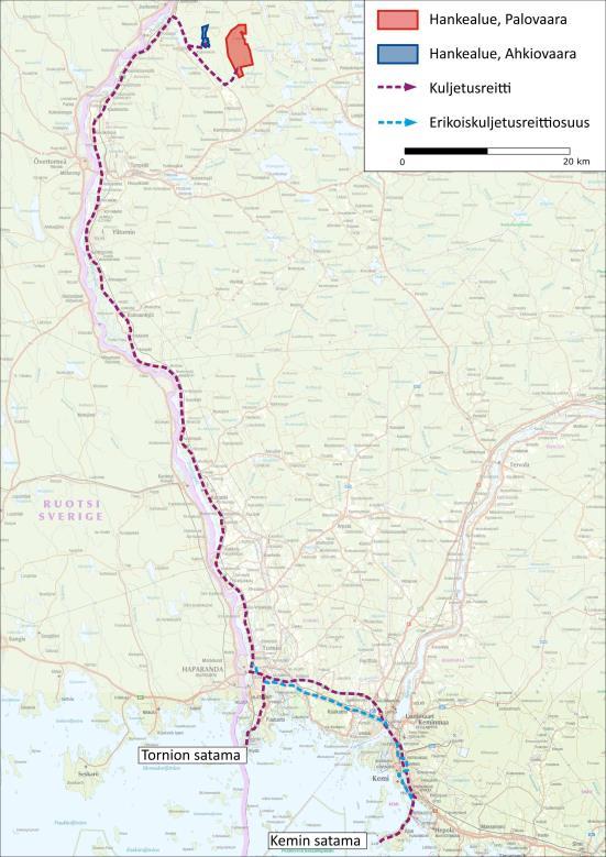 HANKEALUEEN NYKYTILA wpd Finland Oy Kuva 8.18 8.5.2 Lentoliikenne Todennäköiset kuljetusreitit Ajoksen ja Tornion satamista hankealueille.